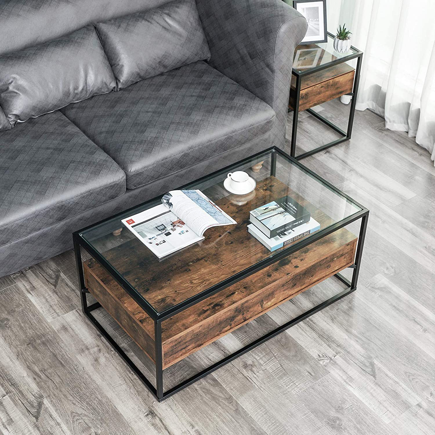 Rena Glass Coffee Table with 2 Drawers and Rustic Shelf