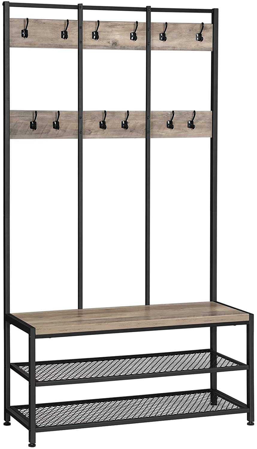 Rena Grey Large Coat Rack Stand  with 12 Hooks and Shoe Bench