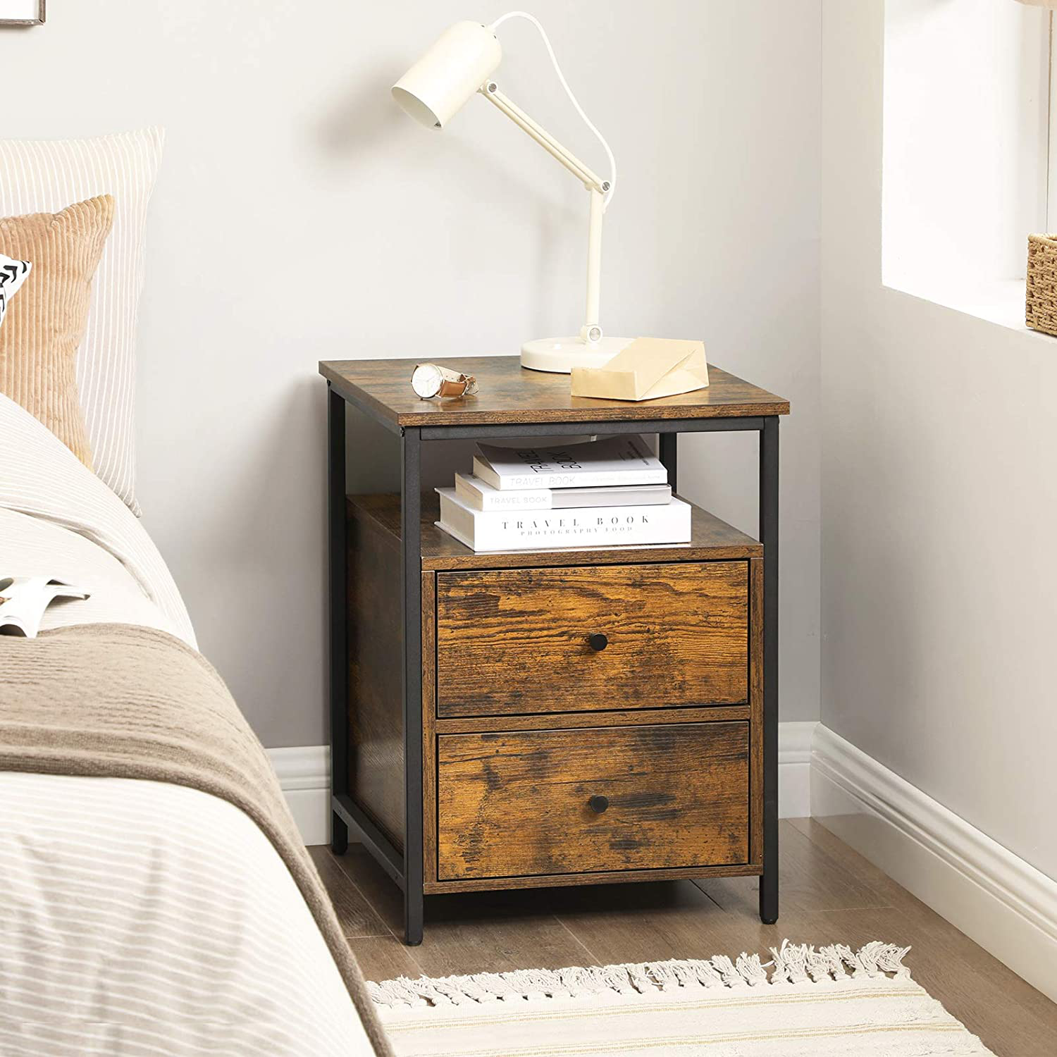 Rena Bedside Table with Open Shelf, 2 Drawers