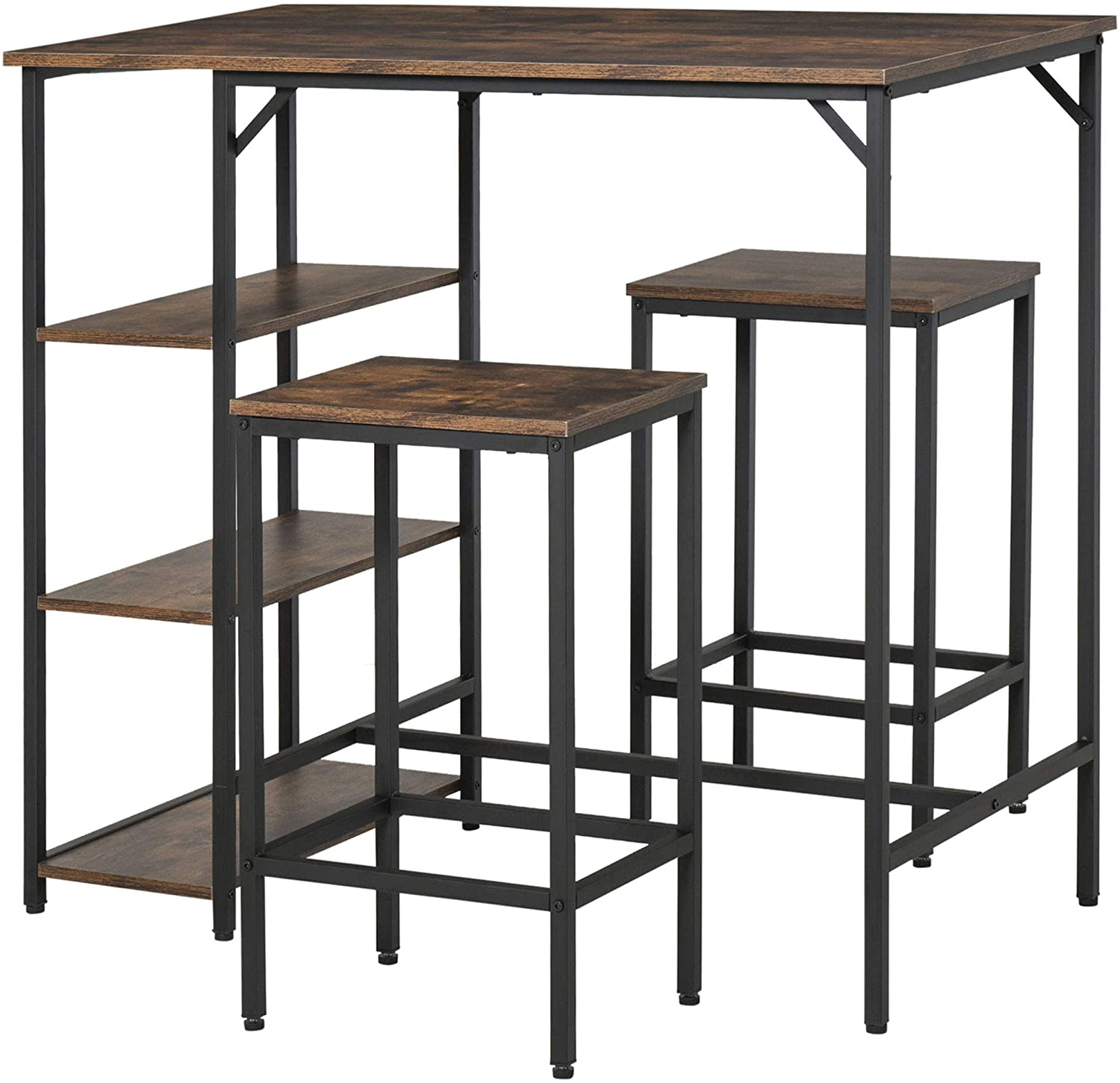 Rena Industrial Bar Height Dining Table Set with 2 Stools & Side Shelf