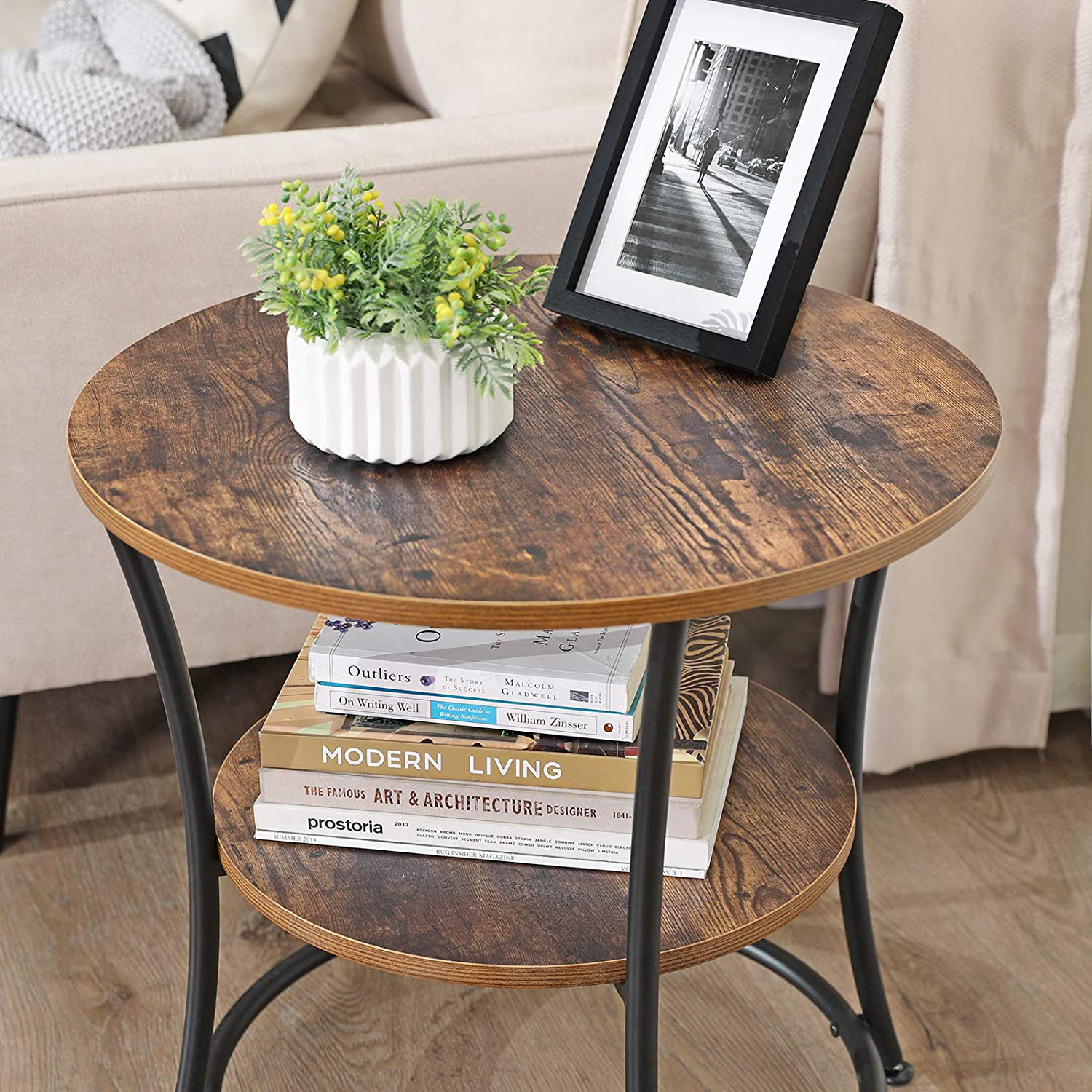 Rena Side Table Round, End Table with 2 Shelves,
