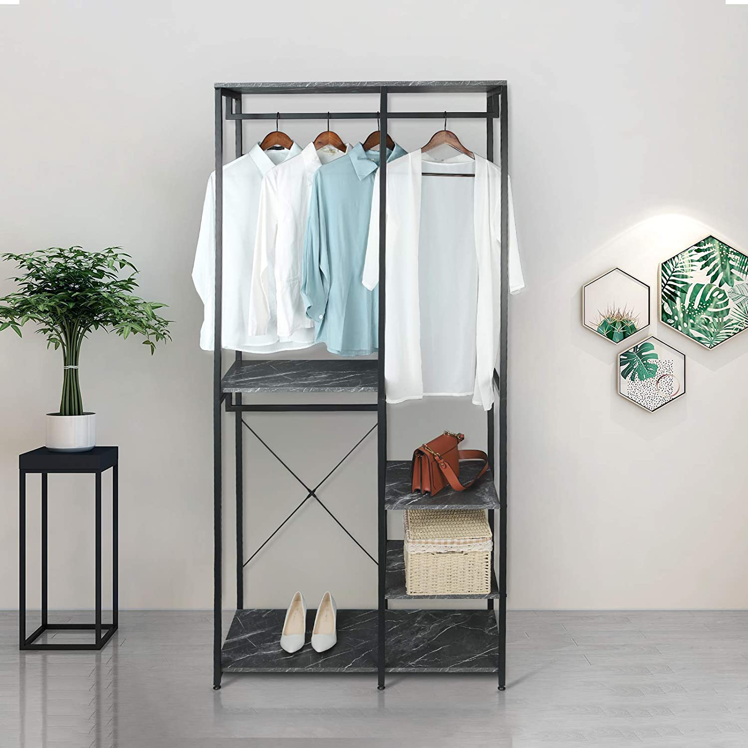 Heavy Duty Clothes Rail with Shelves Marble Effect
