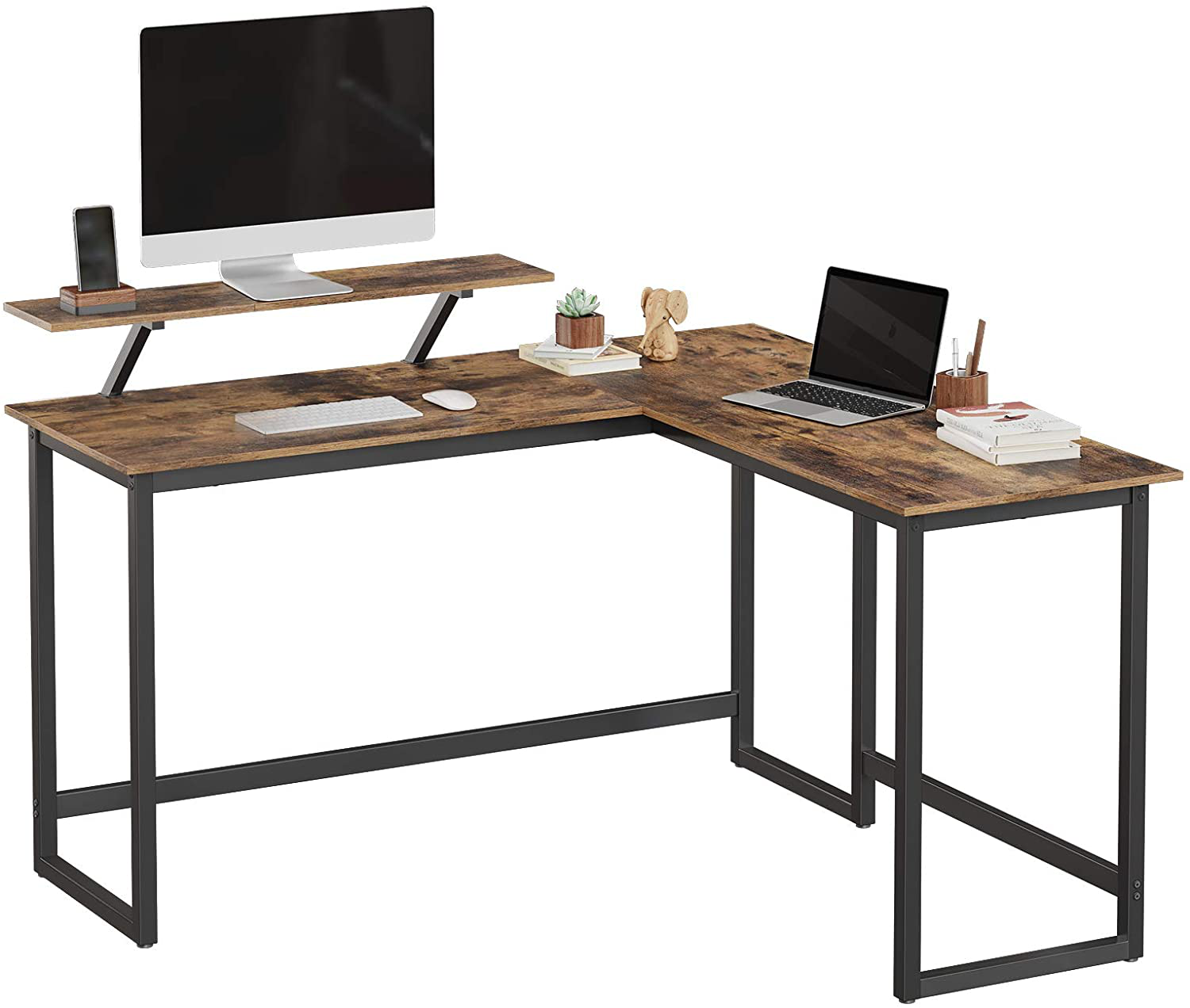 Rena Brown and Black L-Shaped Corner Desk With Monitor Stand