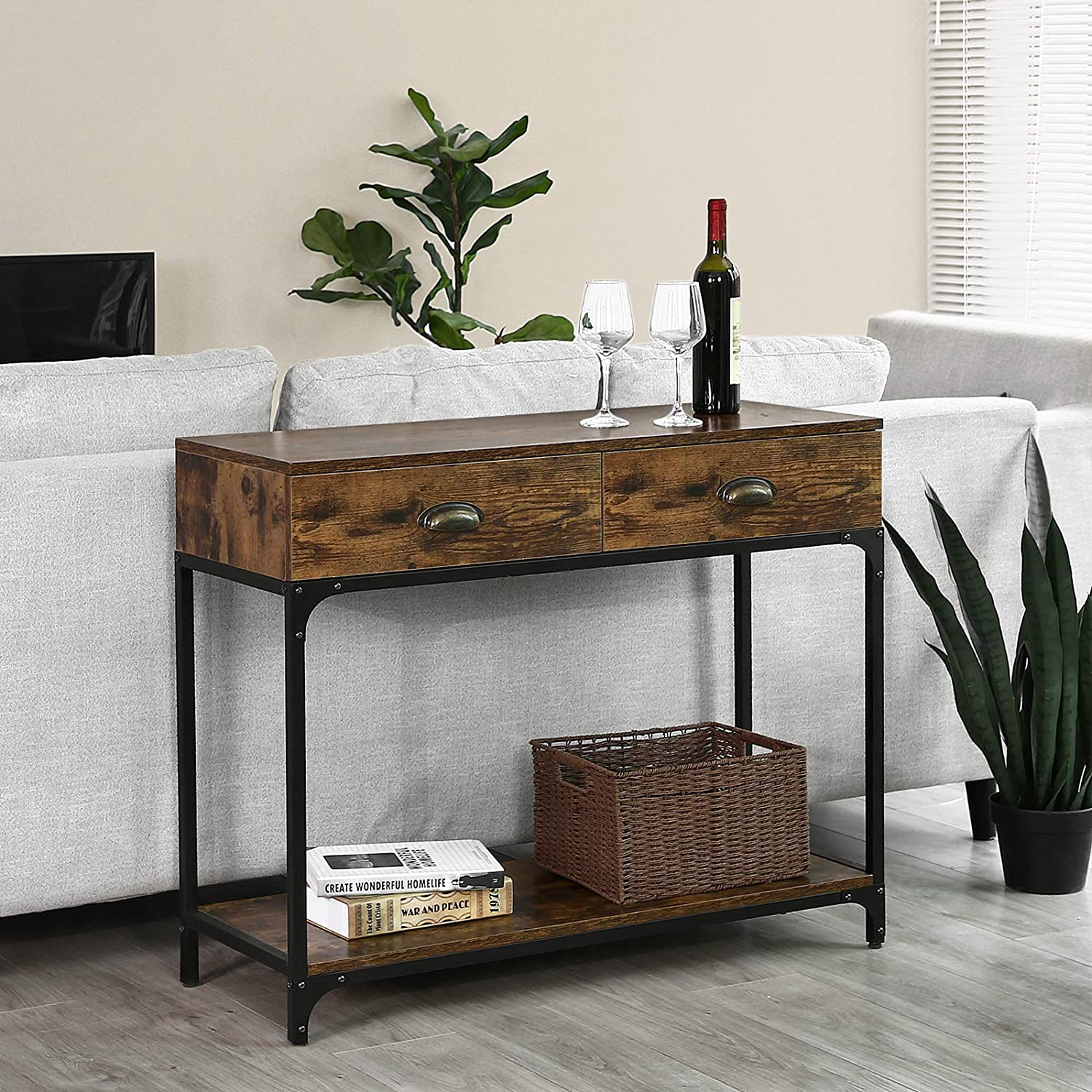 Rena Industrial Console Table with 2 Drawers and Shelf