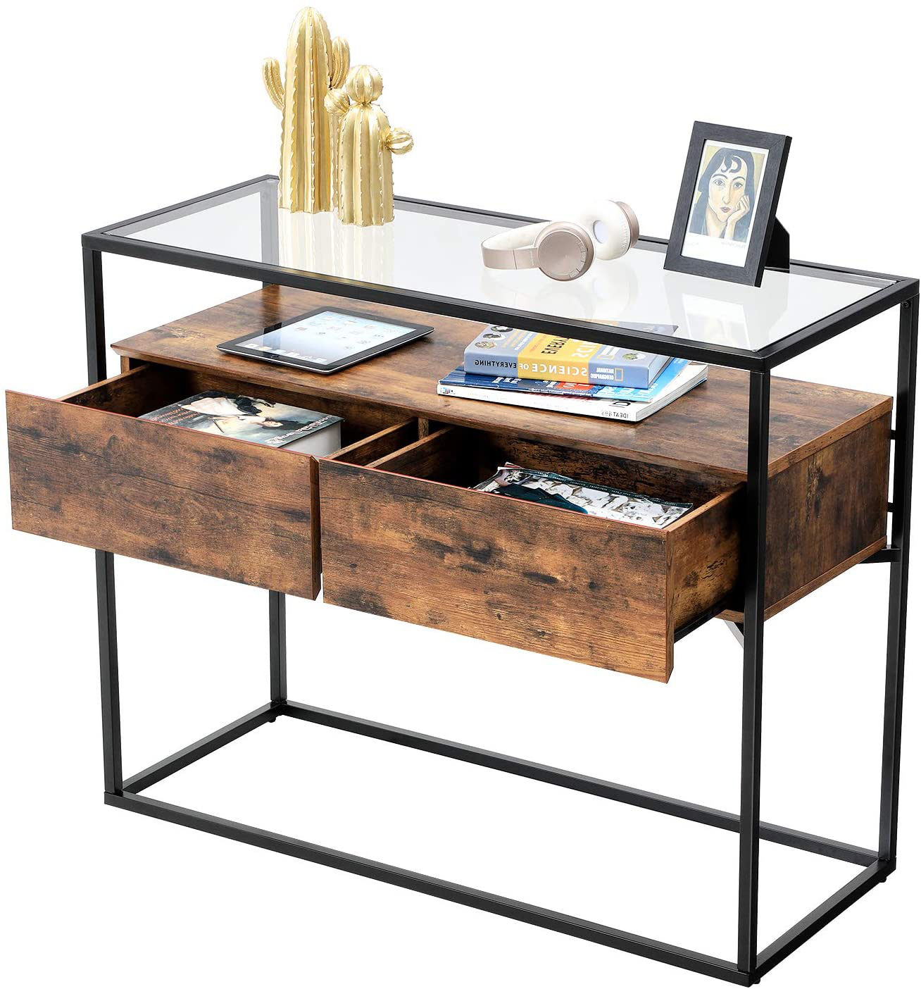 Rena Console Glass Table with 2 Drawers and Rustic Shelf