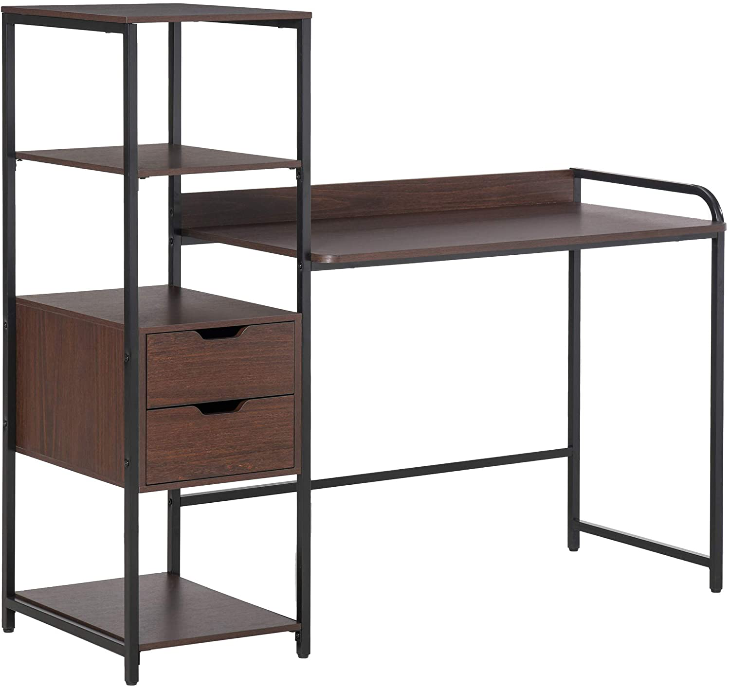 Coco Computer Desk Writing Table Workstation for Home Office with Shelves, Drawers, Walnut Brown