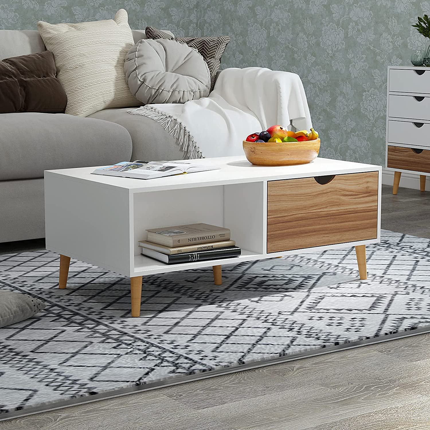 Lynton Coffee Table Living Room Table with 2 Drawers Wood Legs 