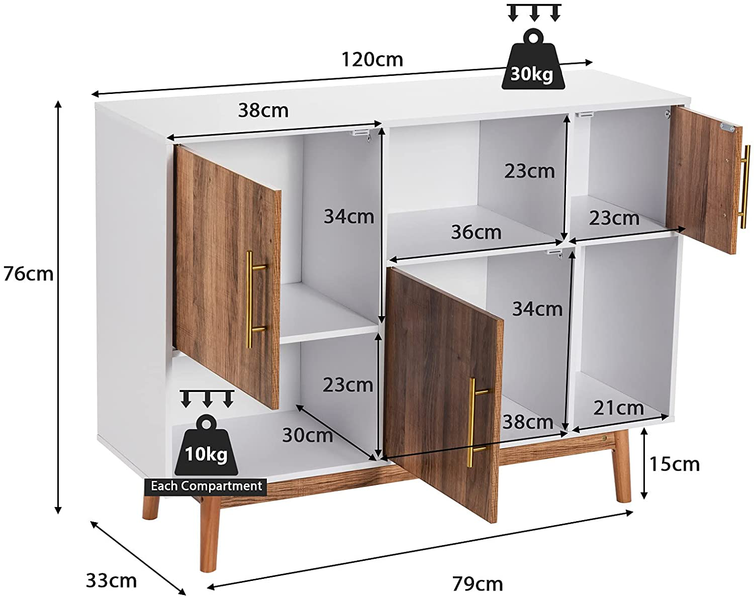 Lynton Wooden Storage Sideboard with 3 Doors & 3 open units
