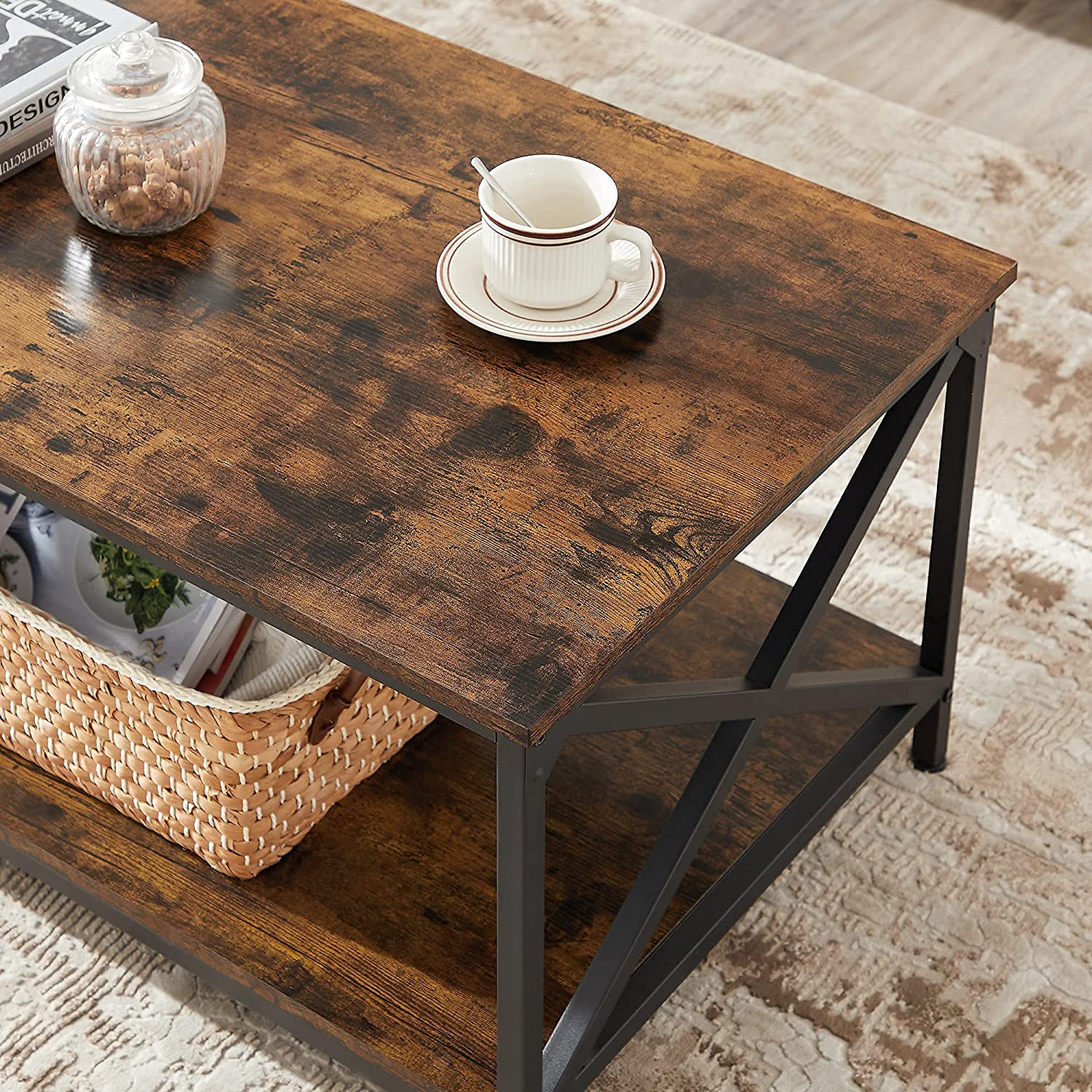 Rena Coffee Table with X-Shape Steel Frame and Storage Shelf