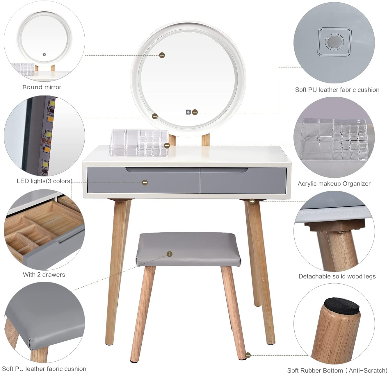 Eden Dressing Table with Ring Light Mirror Oak White/Grey