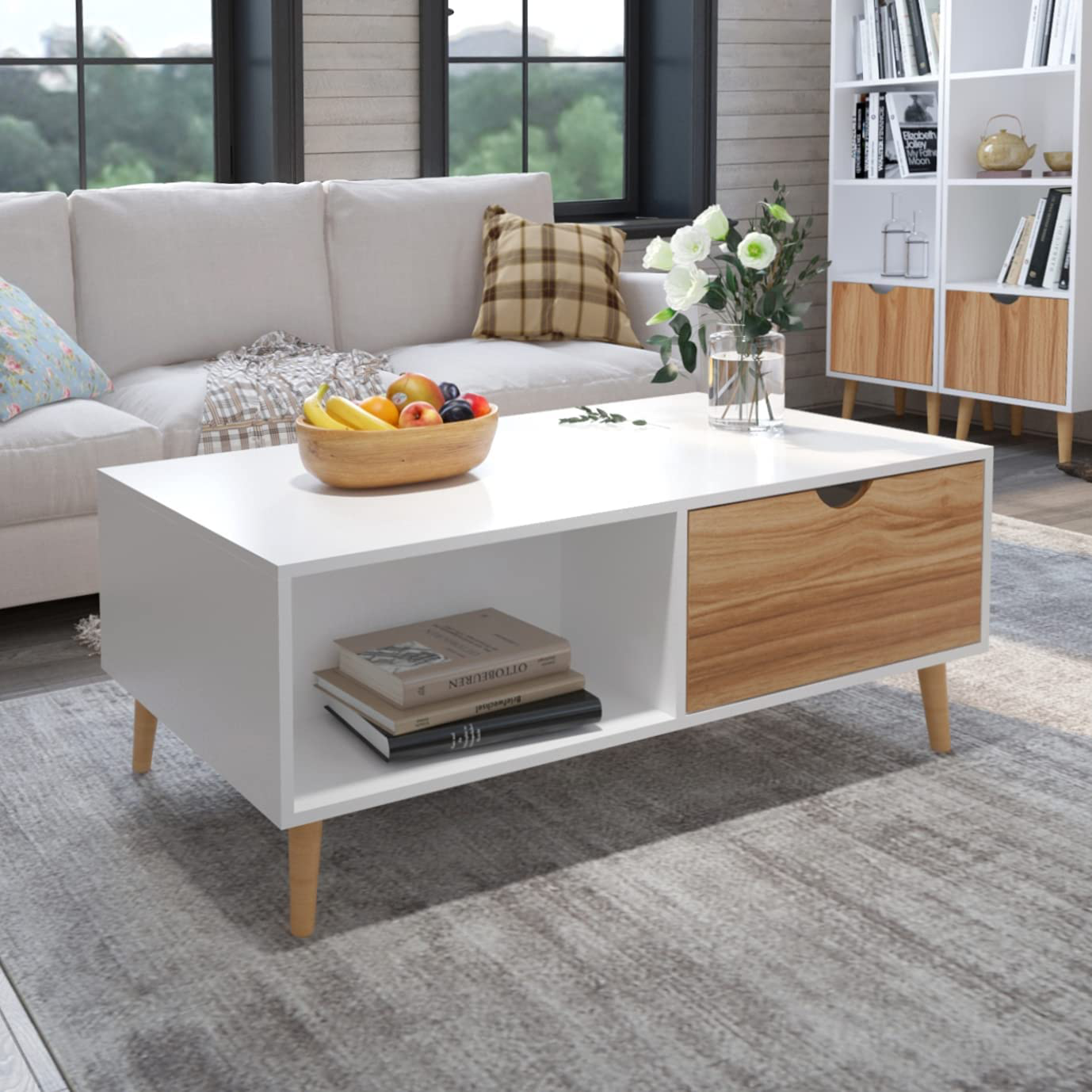 Lynton Coffee Table Living Room Table with 2 Drawers Wood Legs 