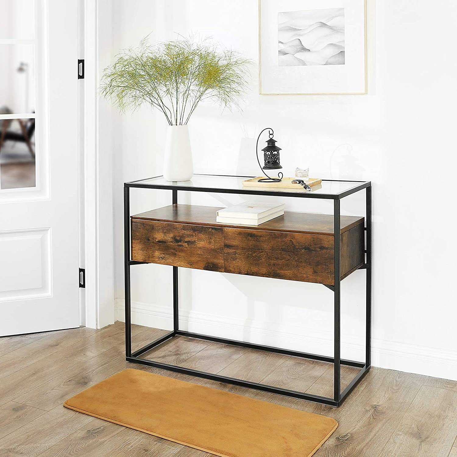 Rena Console Glass Table with 2 Drawers and Rustic Shelf