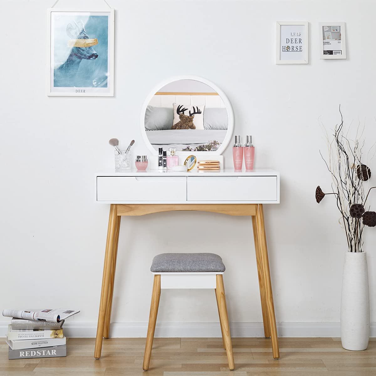 Lynton Dressing Table with Round Mirror Stool 2 Drawers 