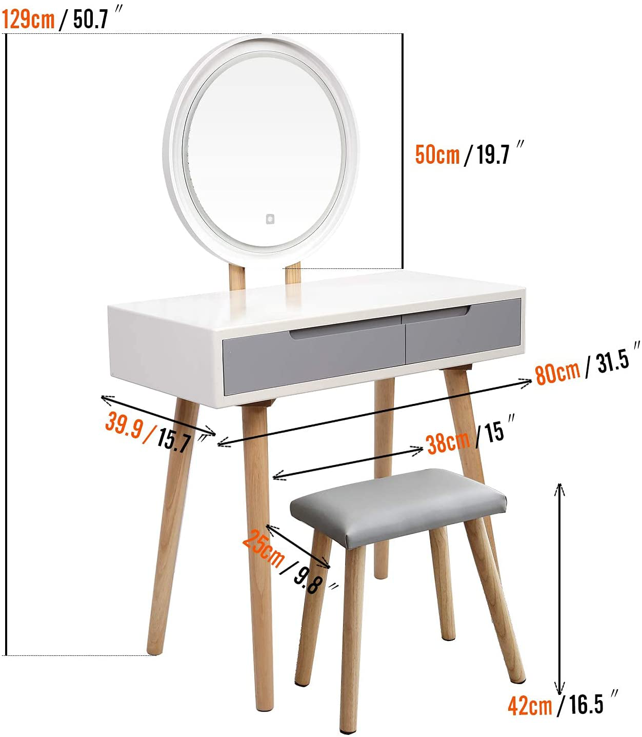 Eden Dressing Table with Ring Light Mirror Oak White/Grey