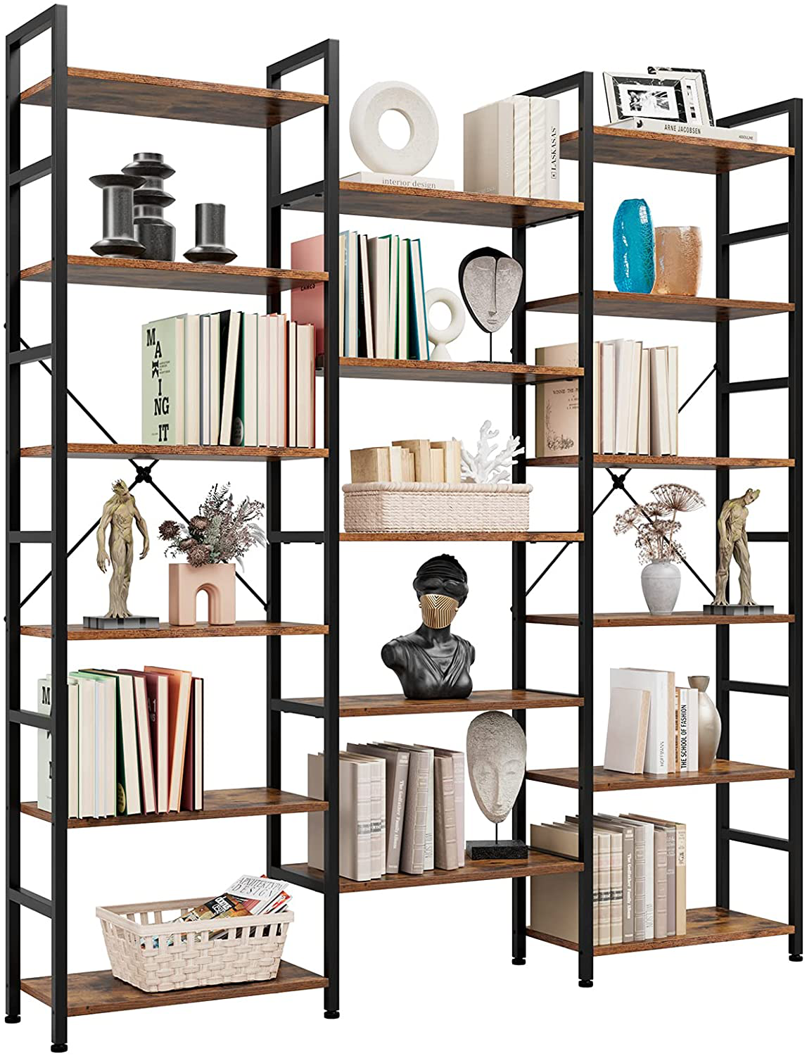 Rena Tall Bookcase 6-Tier Industrial Bookshelf 
