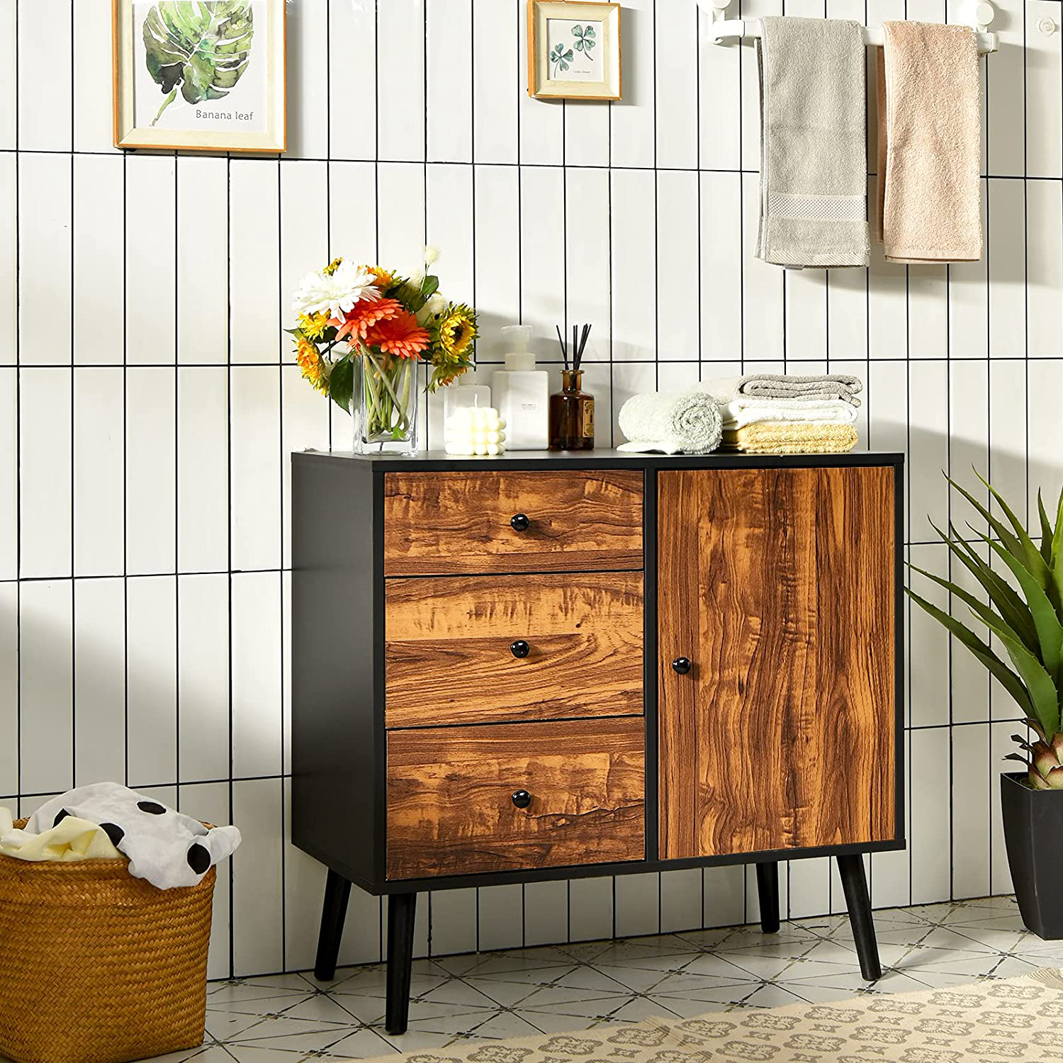 Rustic Wooden and Black Storage Cabinet Cupboard