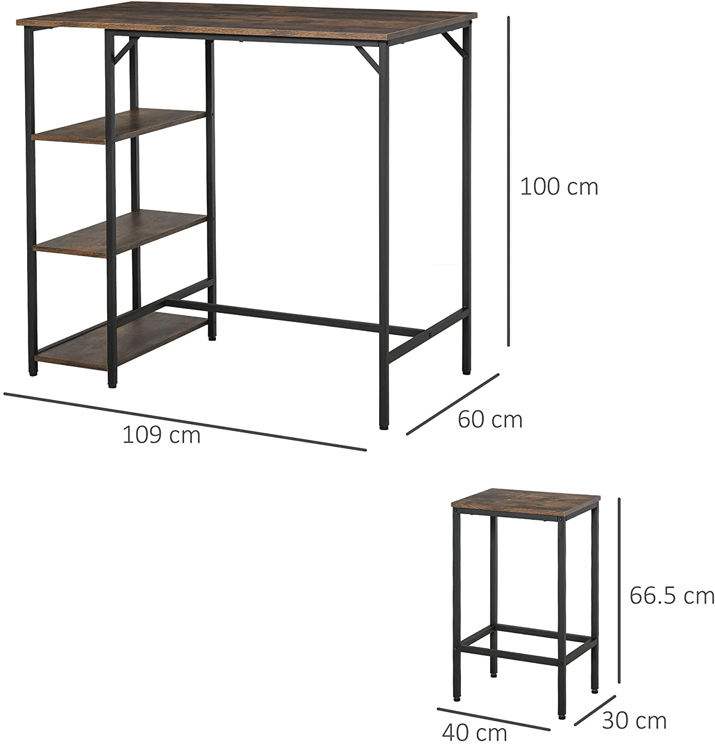 Rena Industrial Bar Height Dining Table Set with 2 Stools & Side Shelf