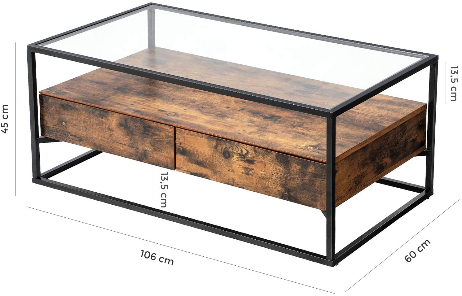 Rena Glass Coffee Table with 2 Drawers and Rustic Shelf