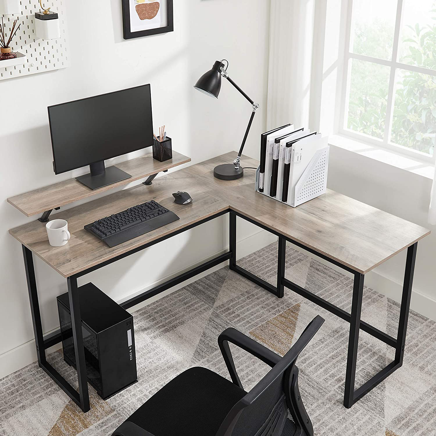 Rena Light Wood L-Shaped  Corner Desk With Monitor Stand