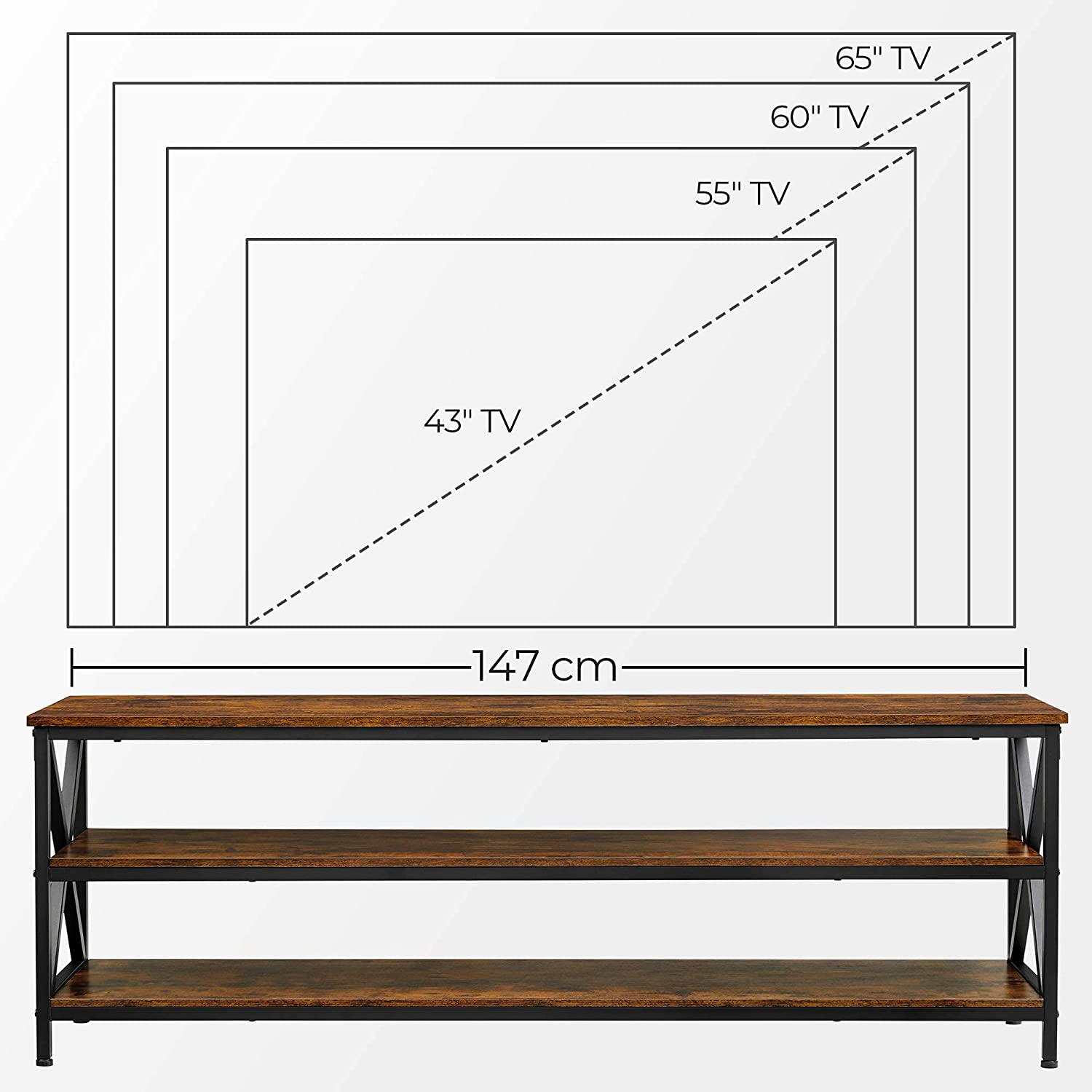 Rena Farmhouse TV Stand with Open Shelves X-Shape Steel Frame