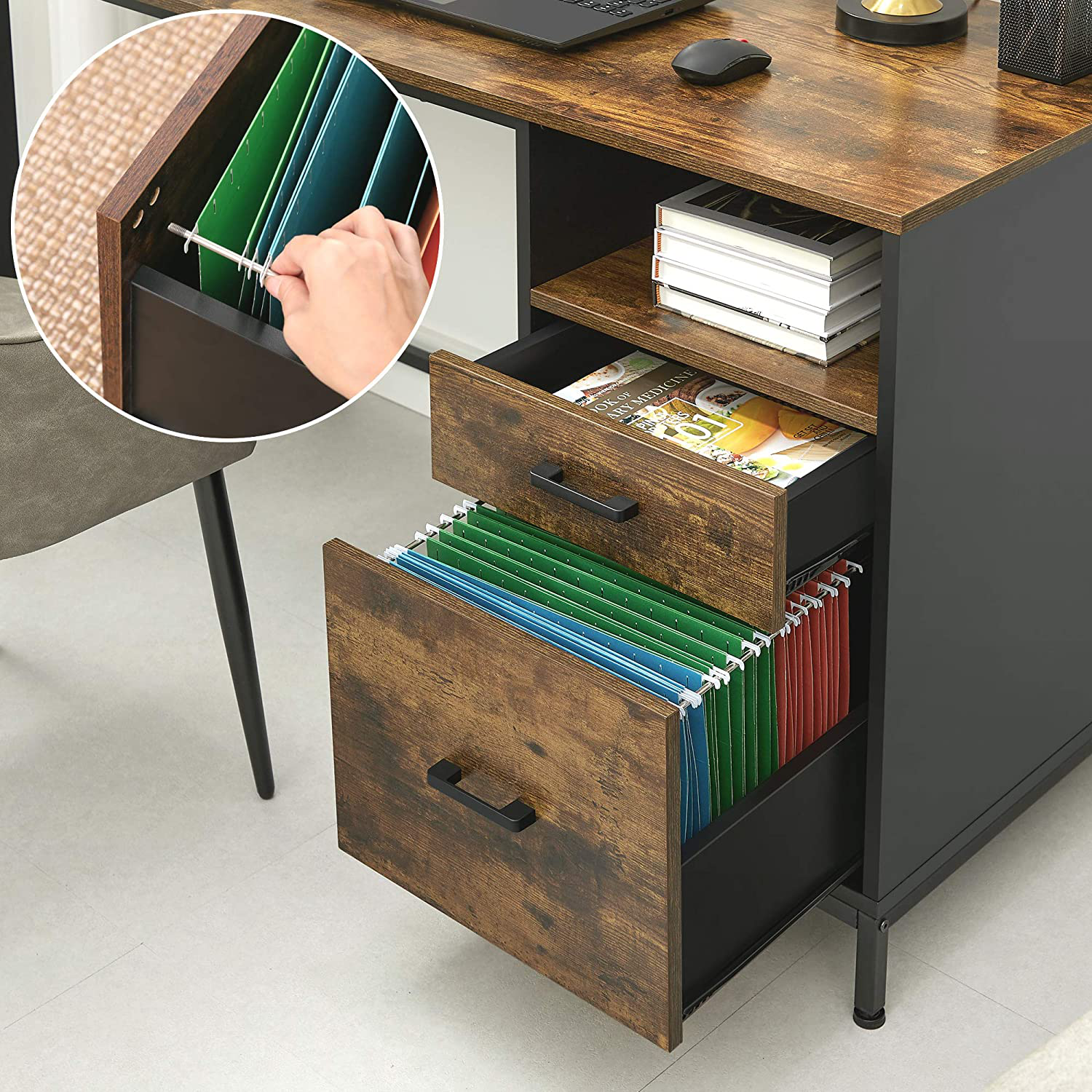 Rena Computer Desk with File Cabinet Rustic Wood 
