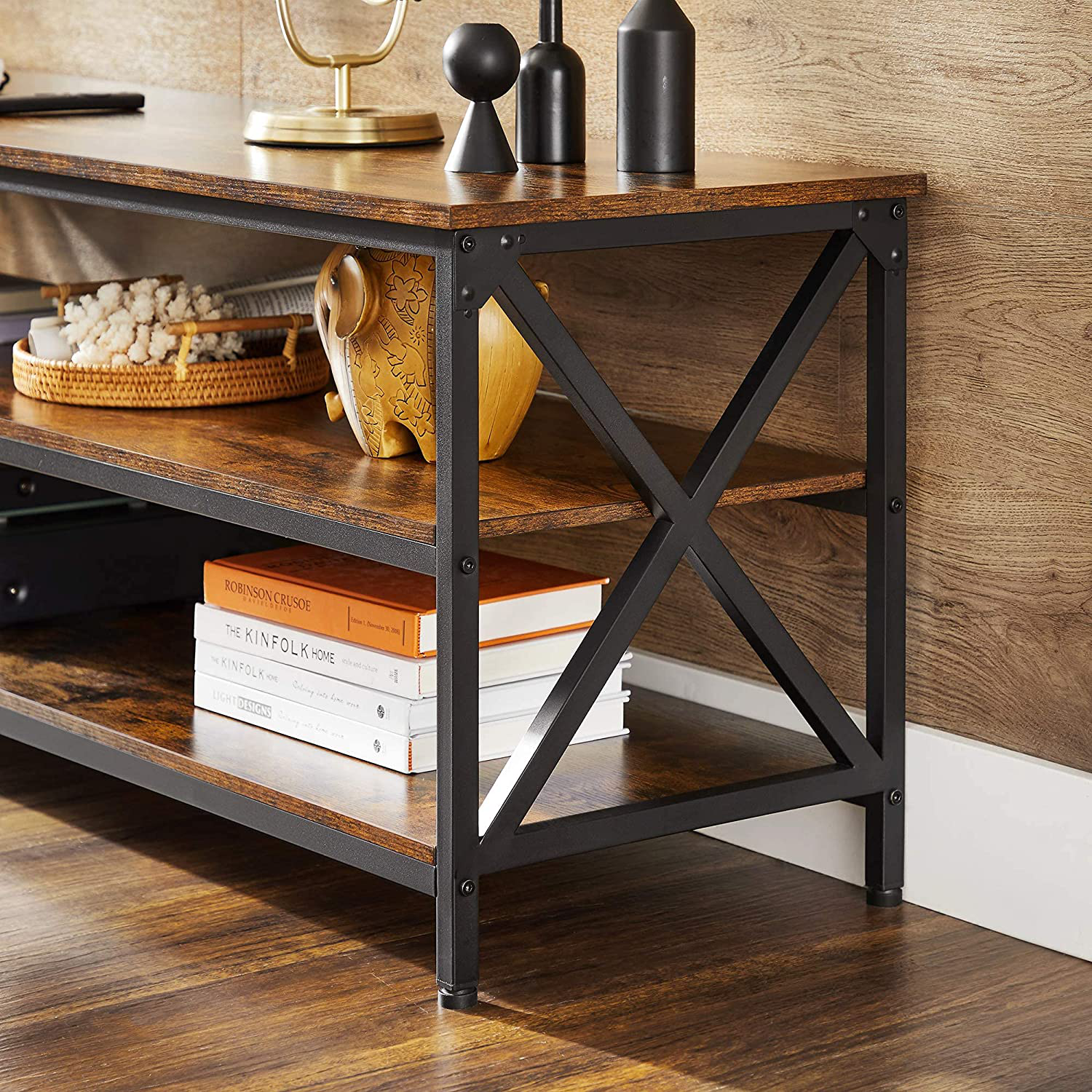 Rena Farmhouse TV Stand with Open Shelves X-Shape Steel Frame