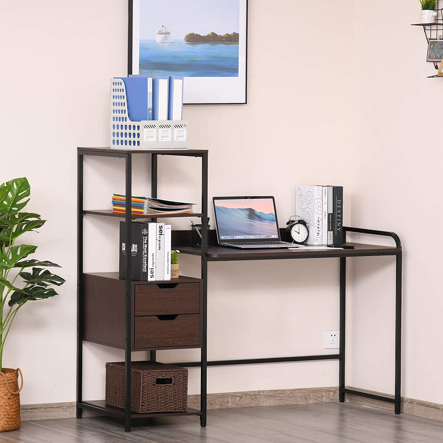 Coco Computer Desk Writing Table Workstation for Home Office with Shelves, Drawers, Walnut Brown