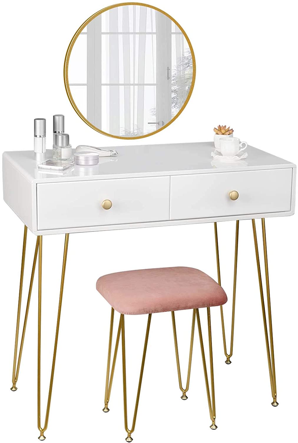 White Dressing Table with Drawers, Mirror & Stool