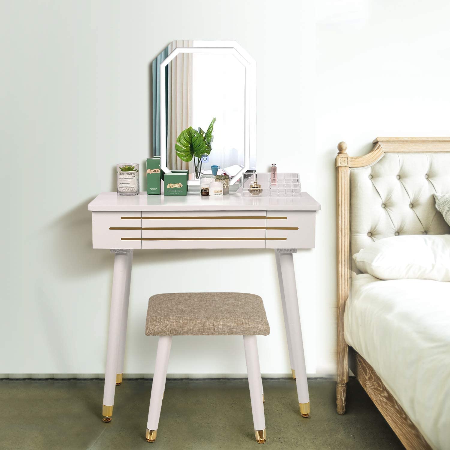 Lucia Dressing Table Set with Led Mirror White & Gold