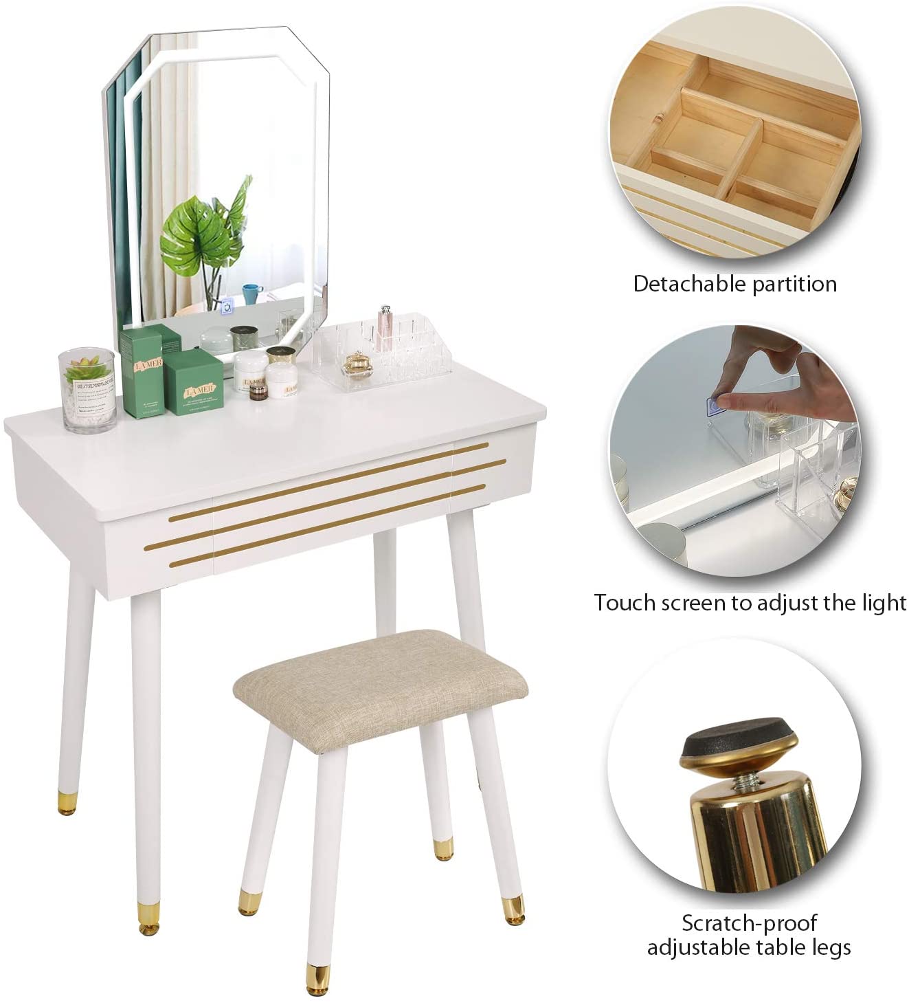 Lucia Dressing Table Set with Led Mirror White & Gold