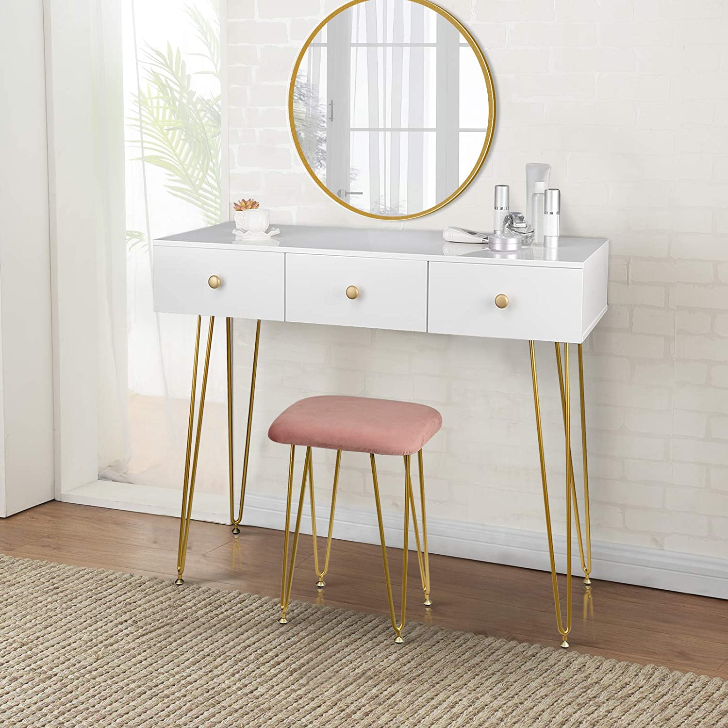 White & Gold Dressing Table with Drawers, Mirror & Stool