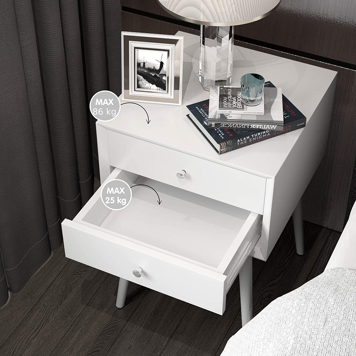 All White Bedside Table with 2 Drawers