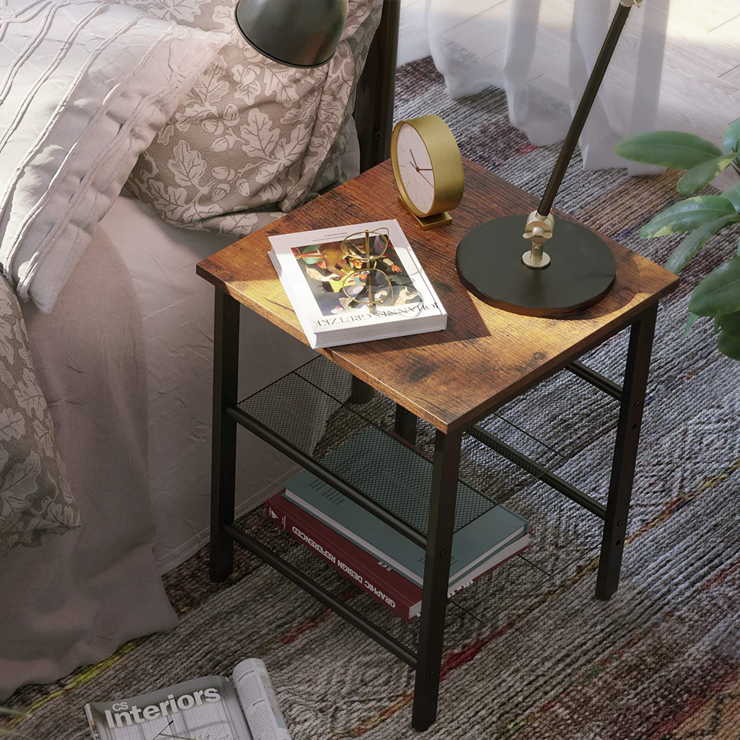 Rena Side Table with Storage Shelves Rustic Style