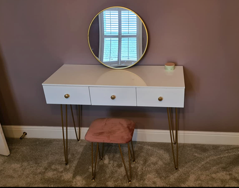 White & Gold Dressing Table with Drawers, Mirror & Stool