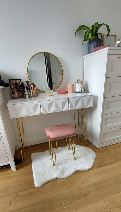 Modern Vanity Dressing Table in White with Drawers, Mirror & Stool