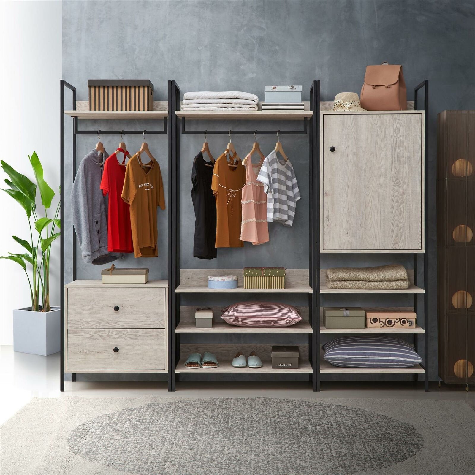 Open clothing rack with window and drawers