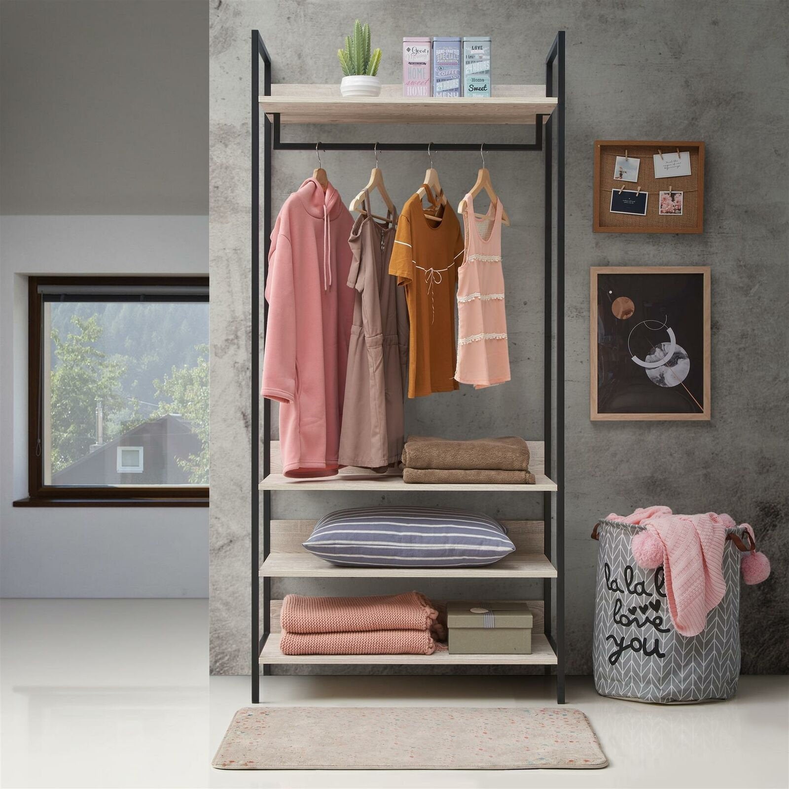 Hampton Open Clothing Rack with Shelves Industrial Design Open Wardrobe