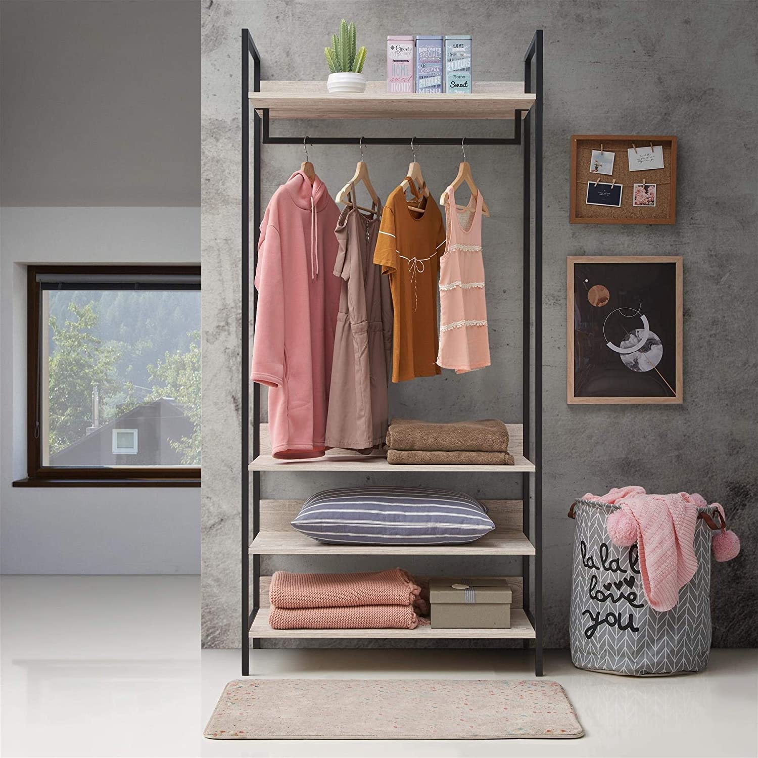 Open clothing rack with shelves