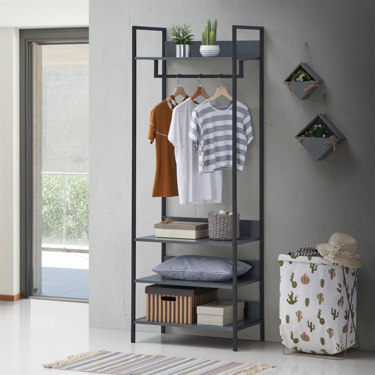 Seville Open Wardrobe Unit with 2 Drawers Clothing Storage Unit Industrial Design