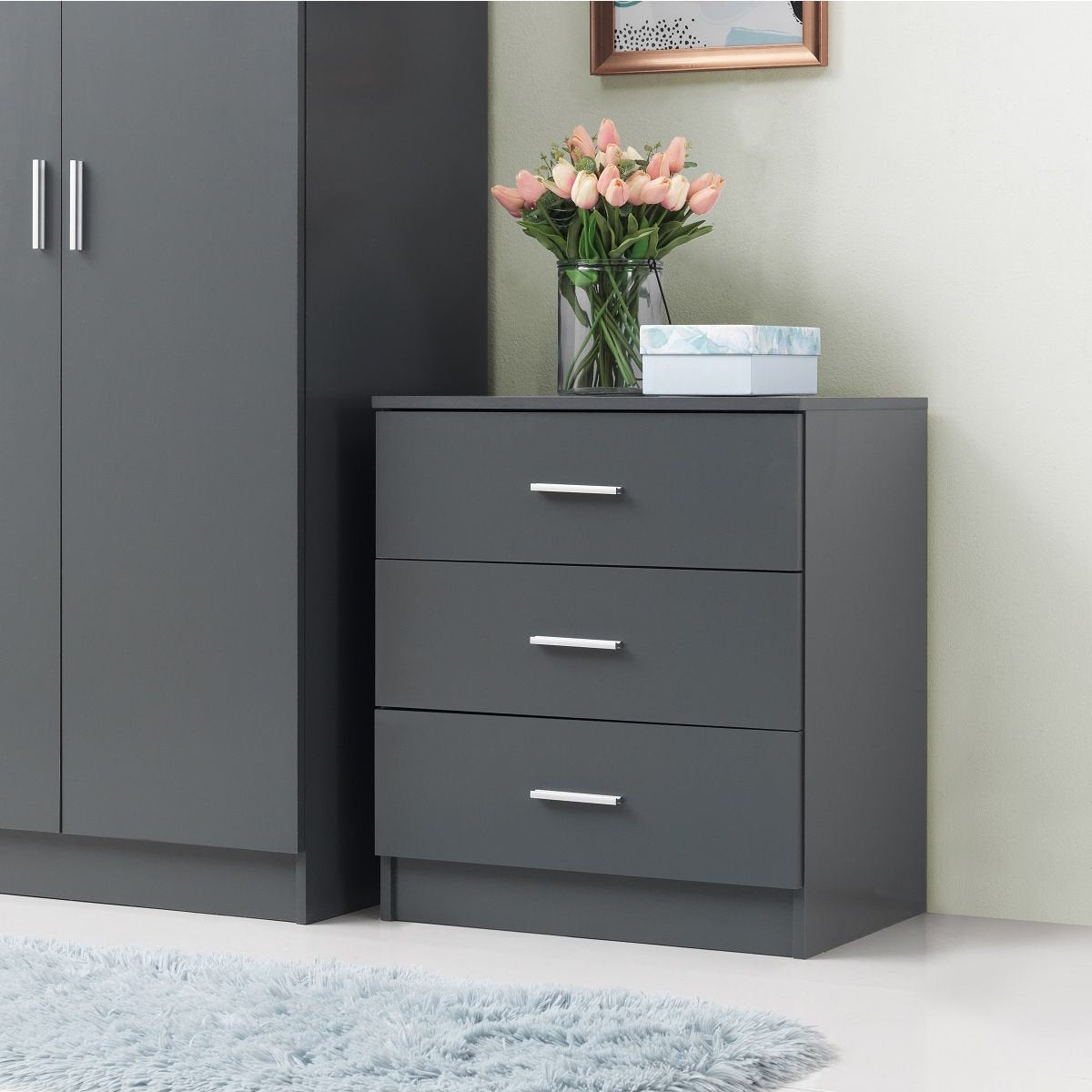 Staten Grey Bedroom Set Double Wardrobe, Chest of Drawers and Bedside Table