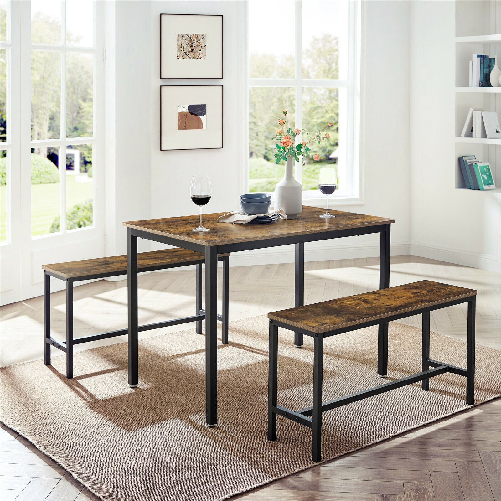 Rena Rustic Dining Table and Bench Set