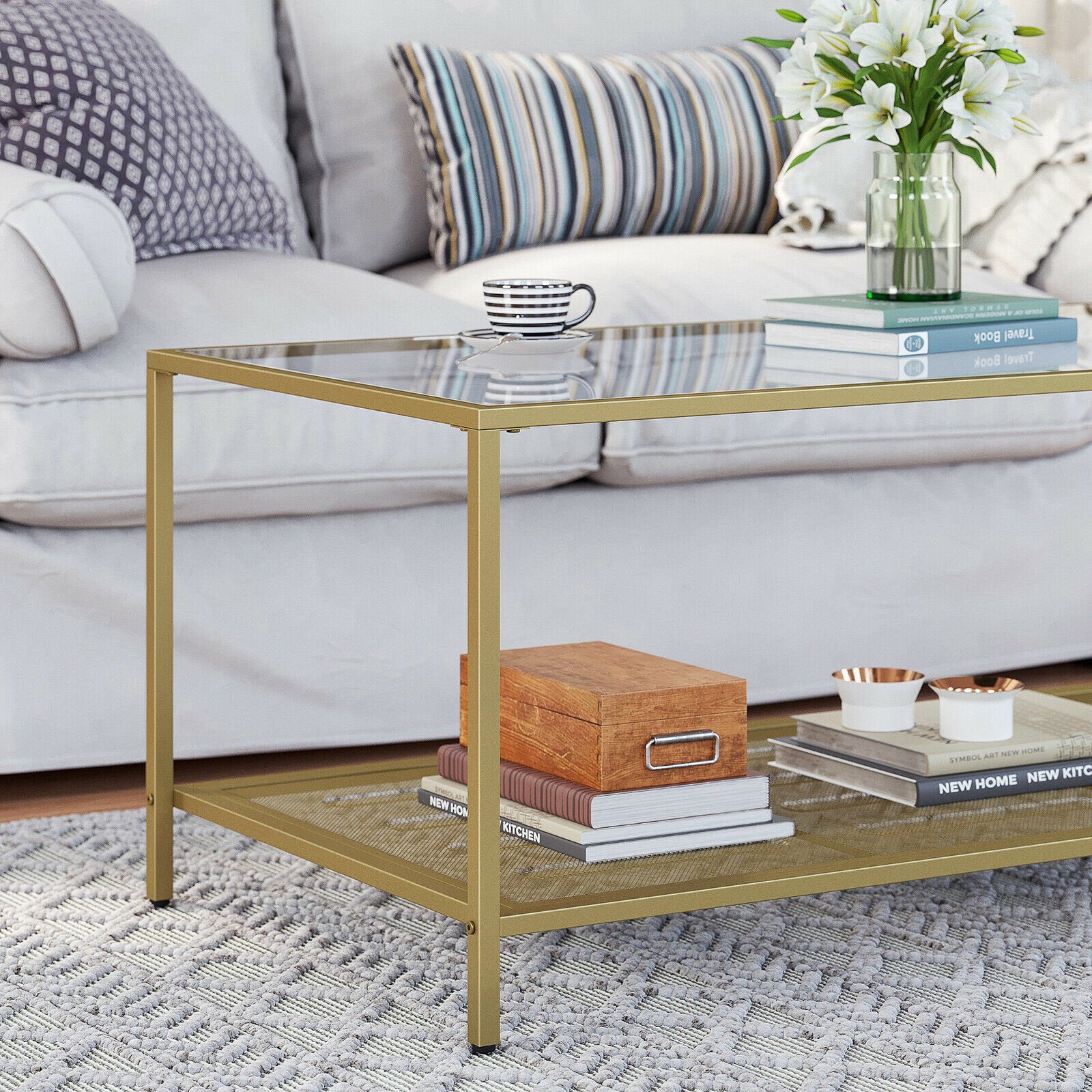 Jenna Rectangular Glass Coffee Table Gold Frame