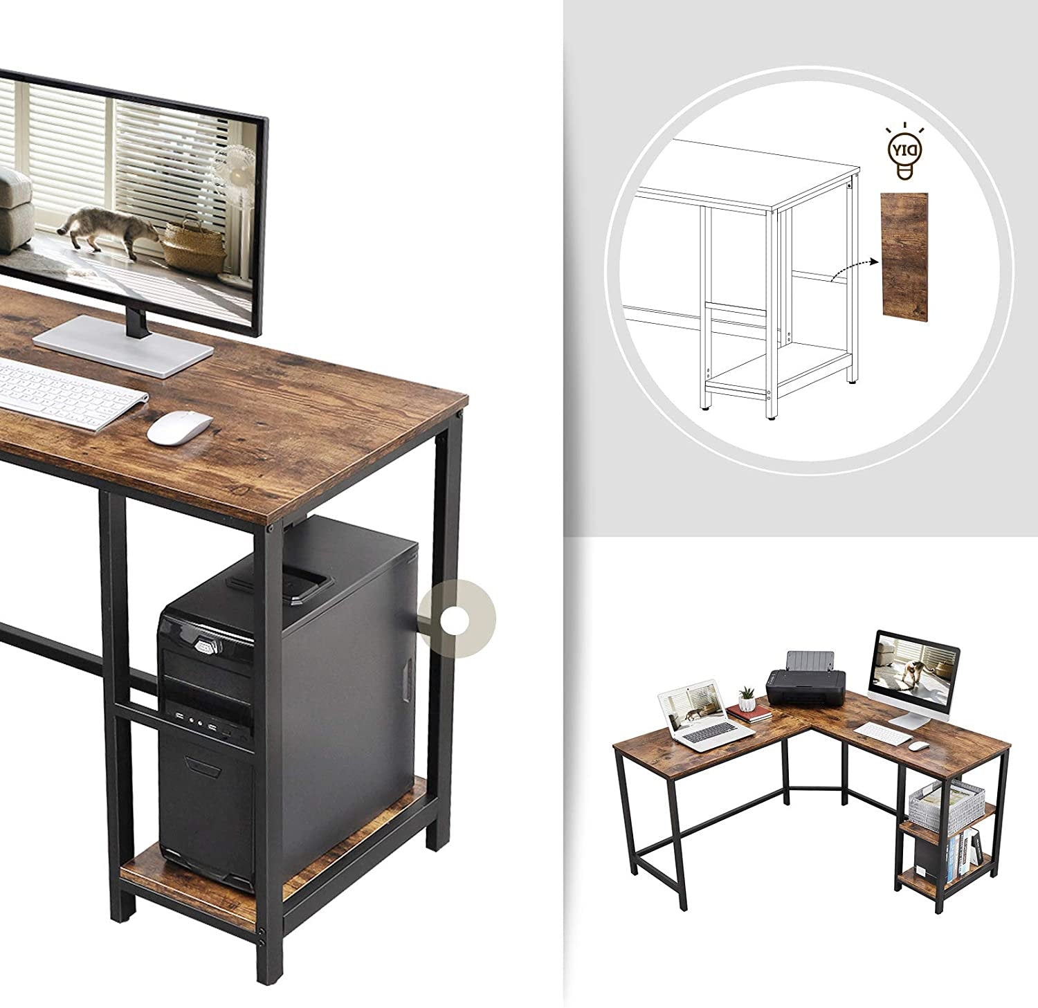 Rena Industrial Corner Desk with Shelves on RHS