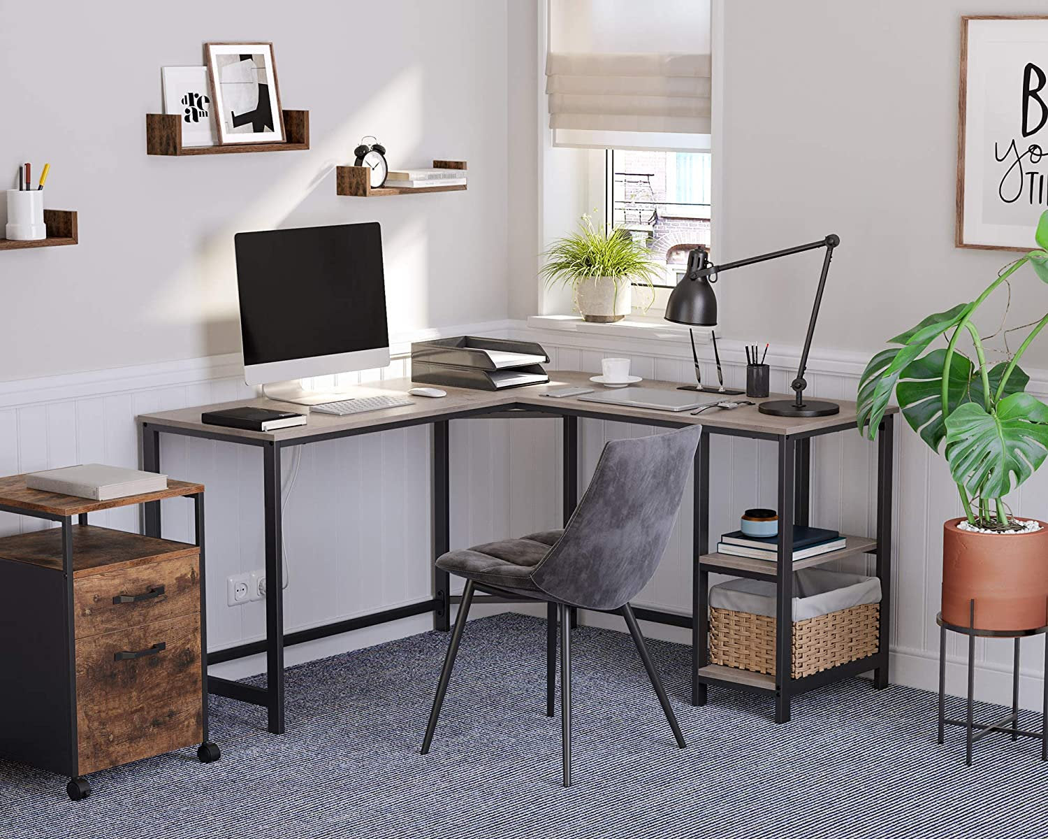 Rena Industrial Corner Desk with Shelves on RHS