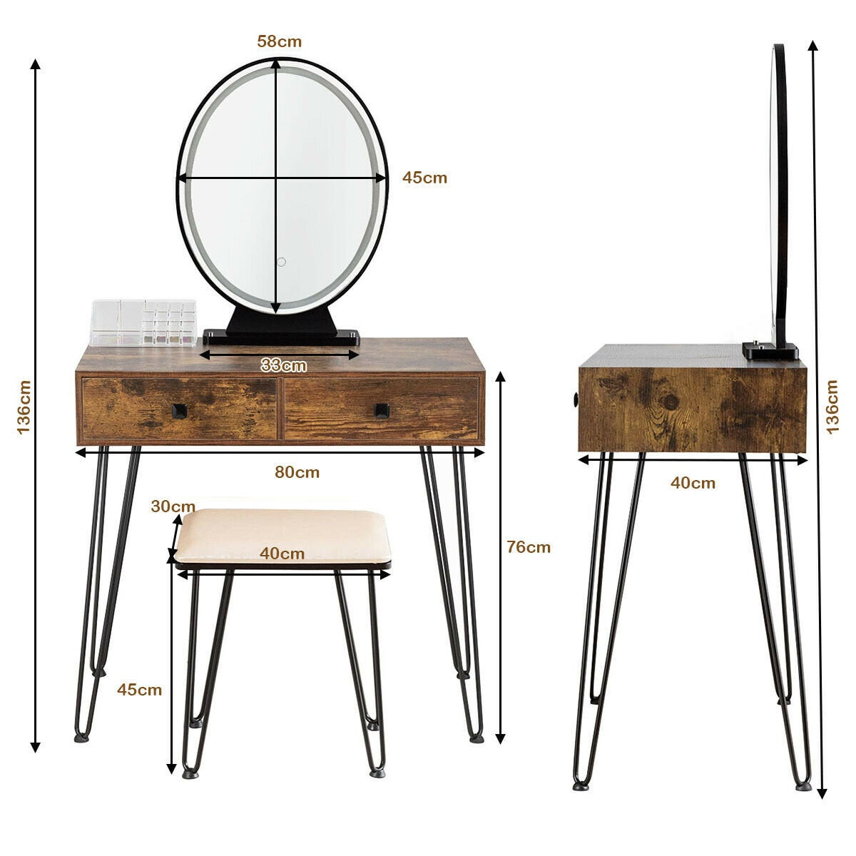 Geneva Rustic Dressing table Set with Hollywood Mirror & Stool