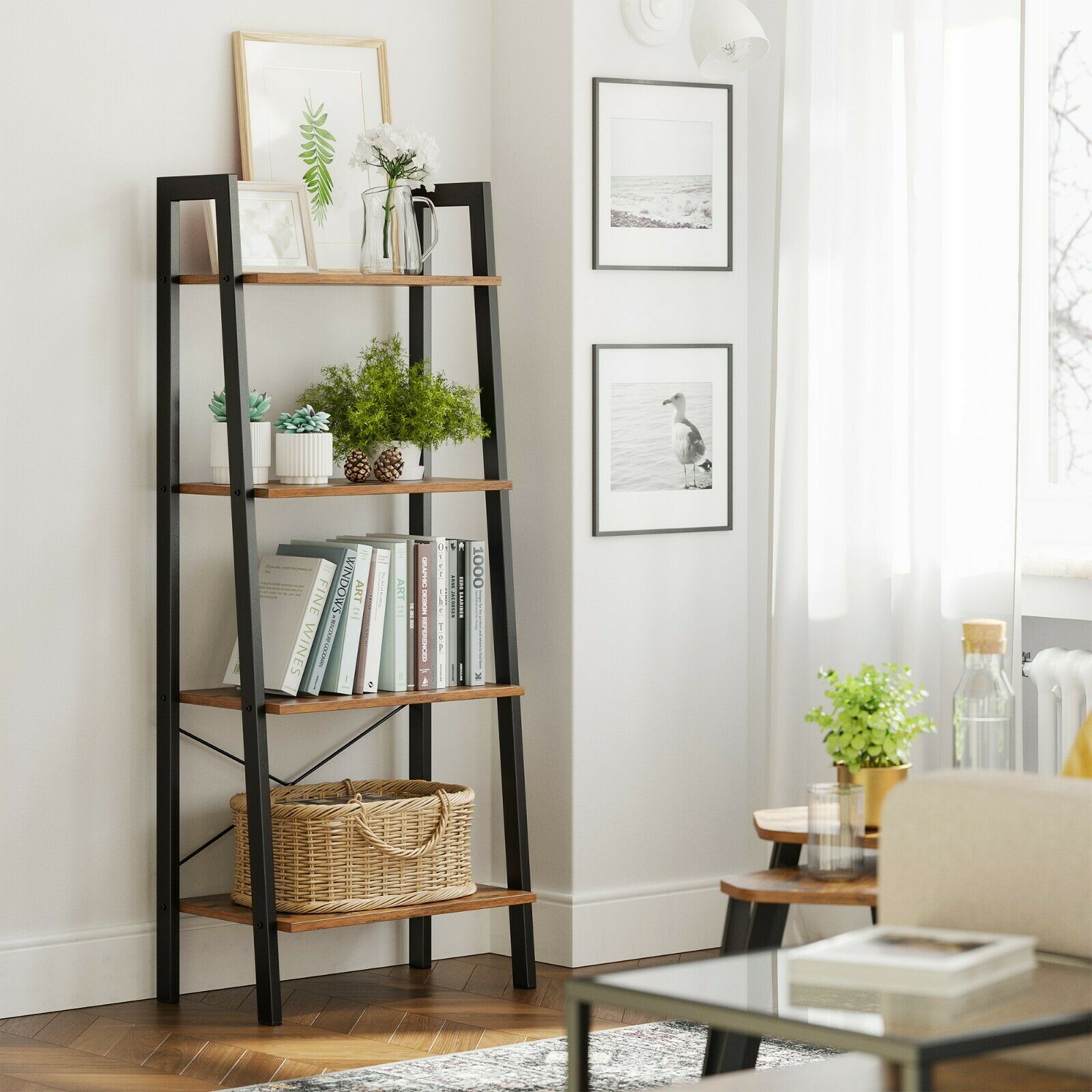 Rena Rustic Wood Ladder Bookshelf Unit
