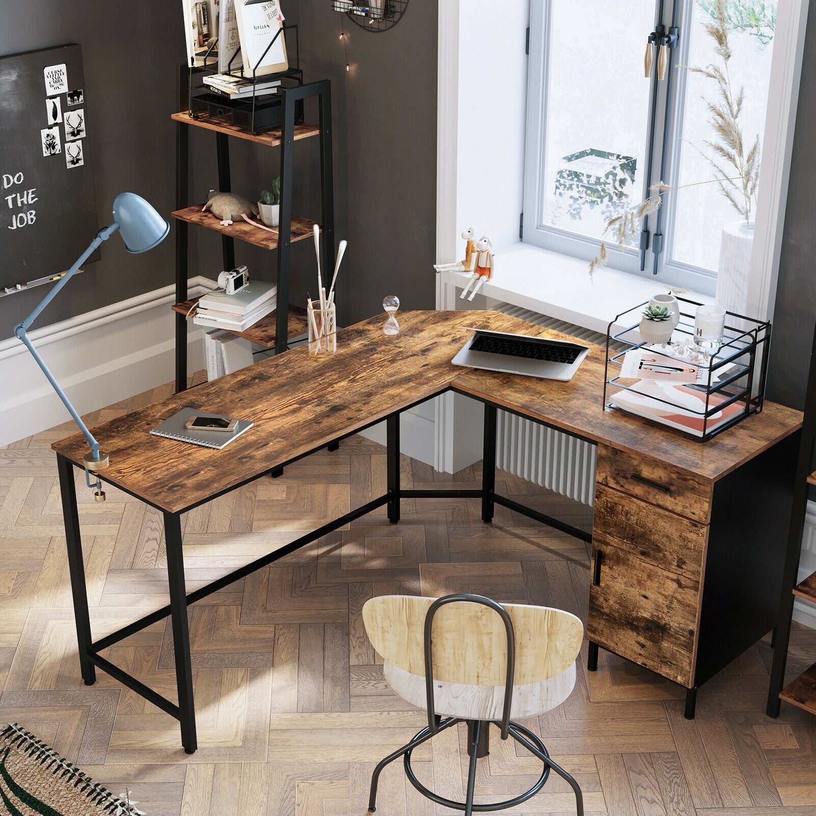 Rena Corner Desk with Drawer and Shelf