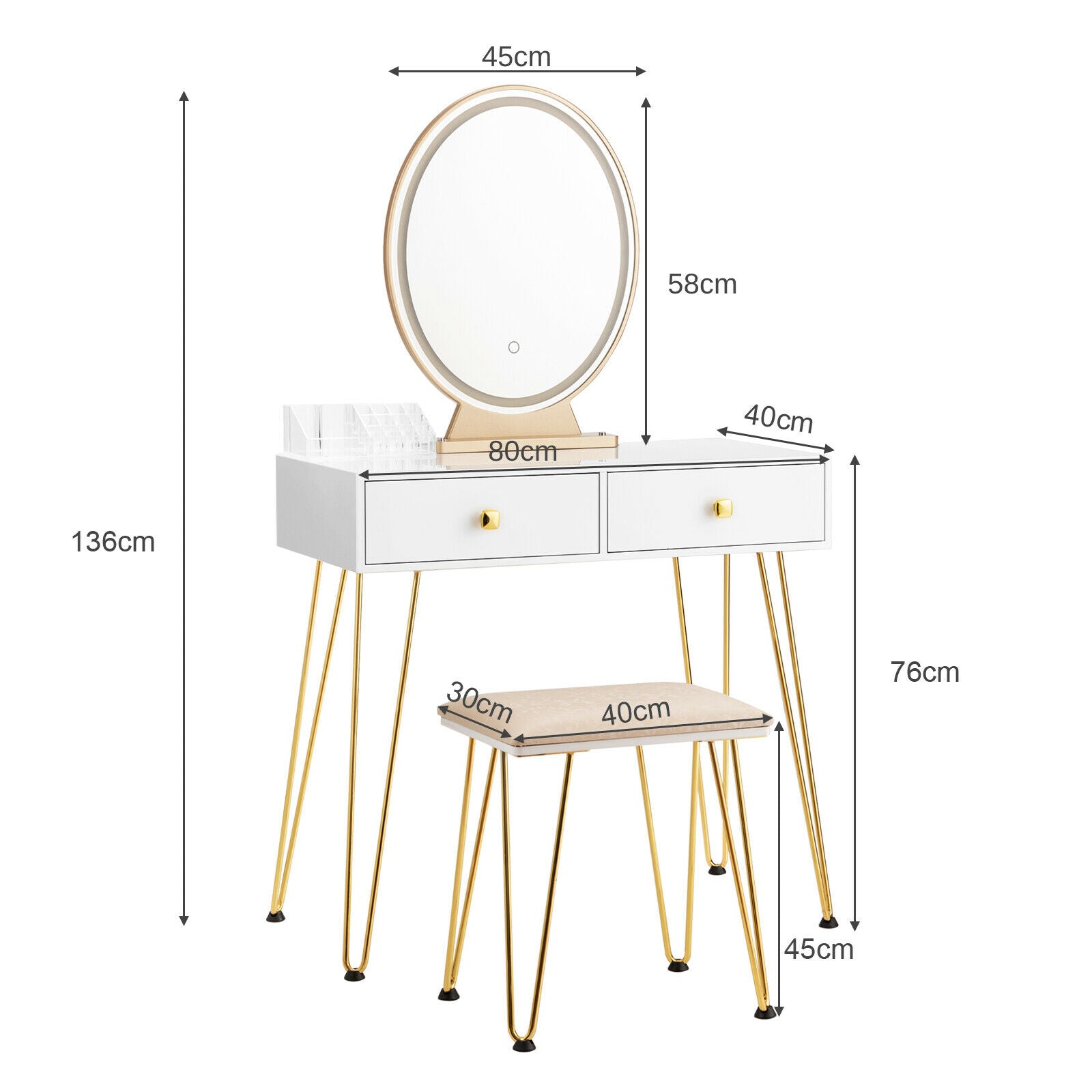 Bella Dressing Table Set with Round Mirror and Stool