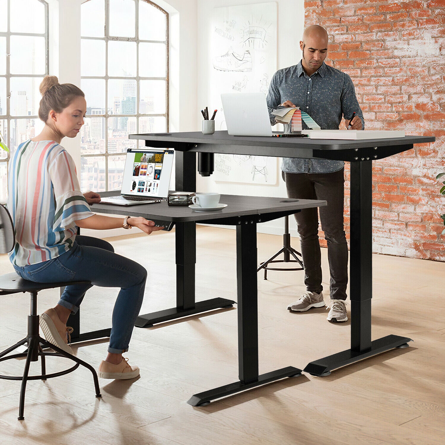 Electric Height Adjustable Desk in Walnut, Grey, Black